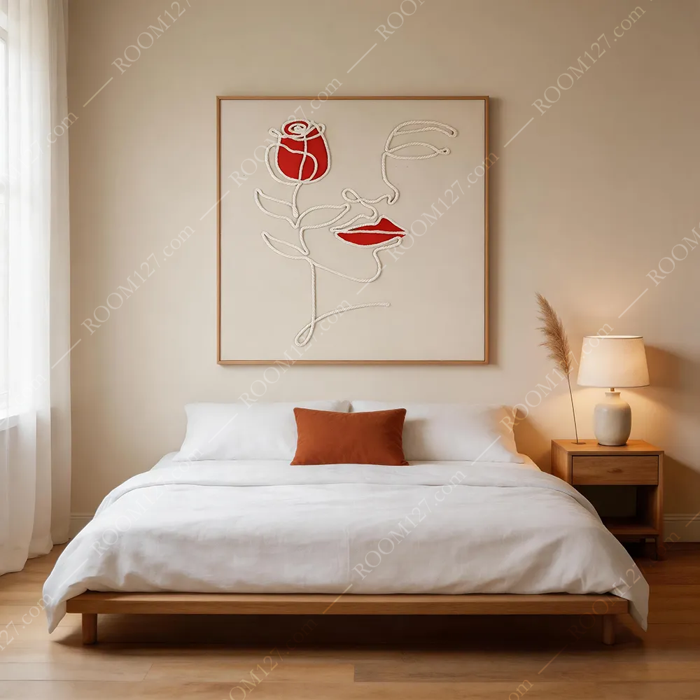 Modern light luxury style rose hand-painted craft minimalist line drawing decorative painting made of hemp rope is suitable for bedrooms and living rooms