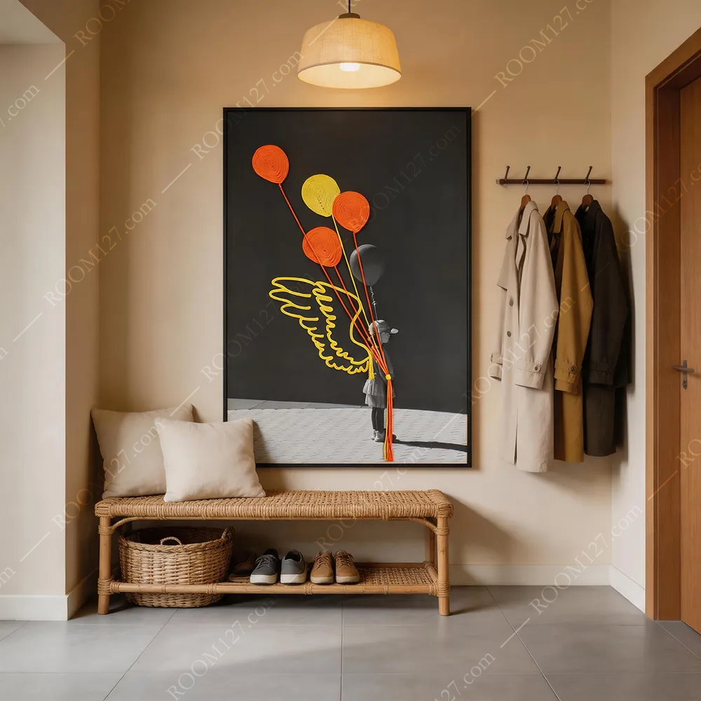 Black background three-dimensional woolen embroidery balloon little angel light luxury style realistic image vertical physical art decorative painting is suitable for hotels and entrance halls