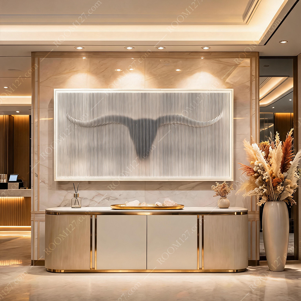 Semi-3D Illusion Wall Art, Wabi-Sabi Minimalist Cream Vertical Ridged Hidden Golden Bull Head Sandstone Panel Decor for Hotel & Entryway