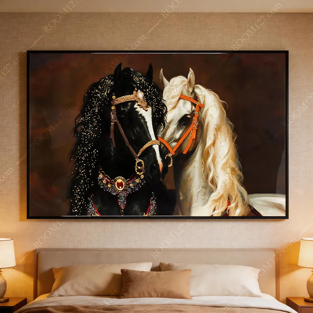 Black golden horse and white moonlight snuggle up closely, broken gold diamond, court light luxury crystal diamond craftsmanship physical horizontal art decorative painting, suitable for study & hotel