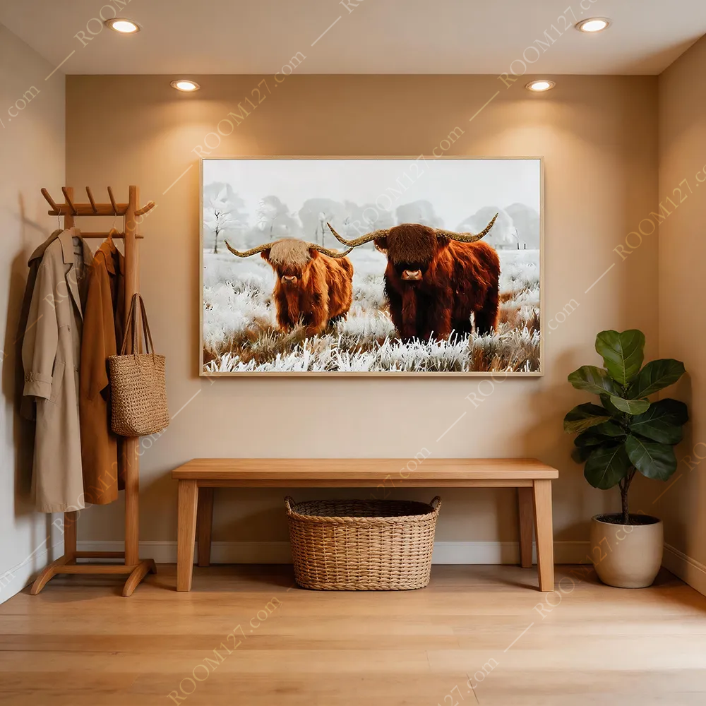 The frost-wild warm brown highland cow low saturation misty horizontal light luxury crystal diamond physical art decorative painting is suitable for living rooms and studies