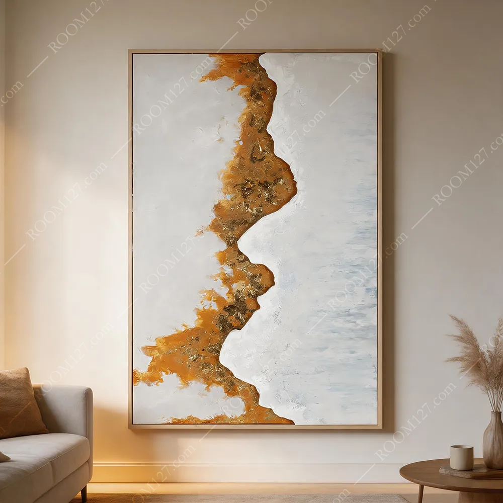 Vertical Semi‑3D Healing Luxury Wall Art, Thick‑textured Carved Real Artwork with Warm‑Orange & Crushed Gold Foil, LED Light, for Entryway & Bedroom