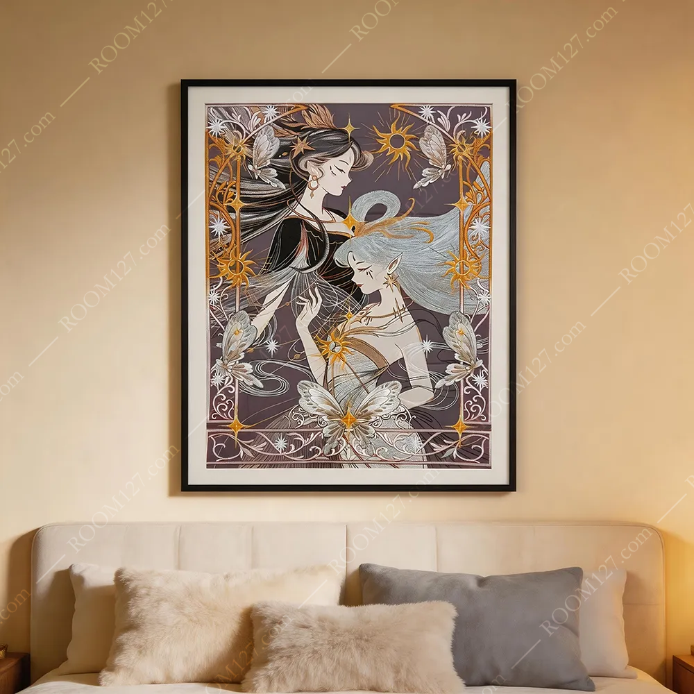 The Mucha light luxury style gold and silver thread embroidery technique Twin Children high-end vertical art decorative painting is suitable for hotels, bedrooms and studies
