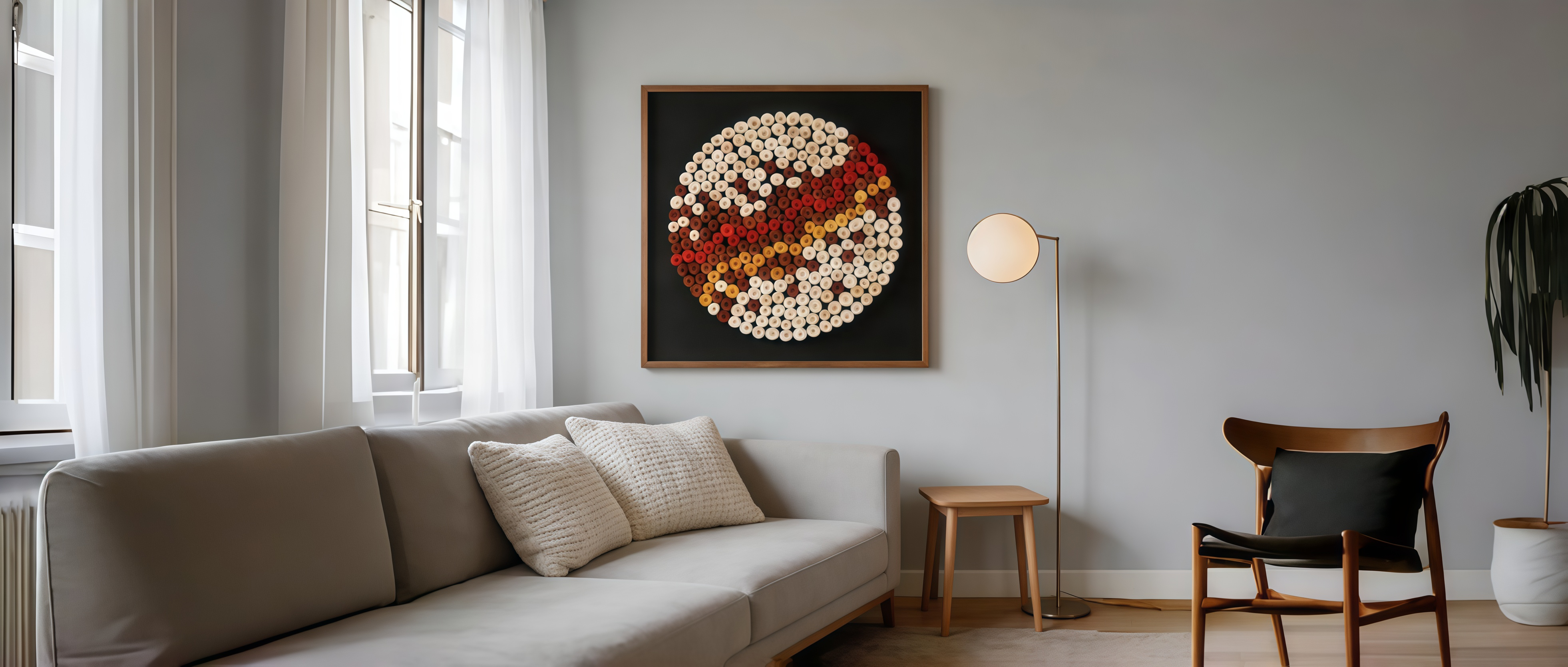 Cream Wood Slice Wall Art: Handmade 3D Panel with Amber Dots
