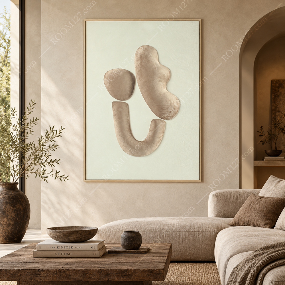 Modern wabi-sabi style warm beige, fruit brown, plush, soft, irregular-shaped block three-dimensional object decorative painting is suitable for hotels and living rooms