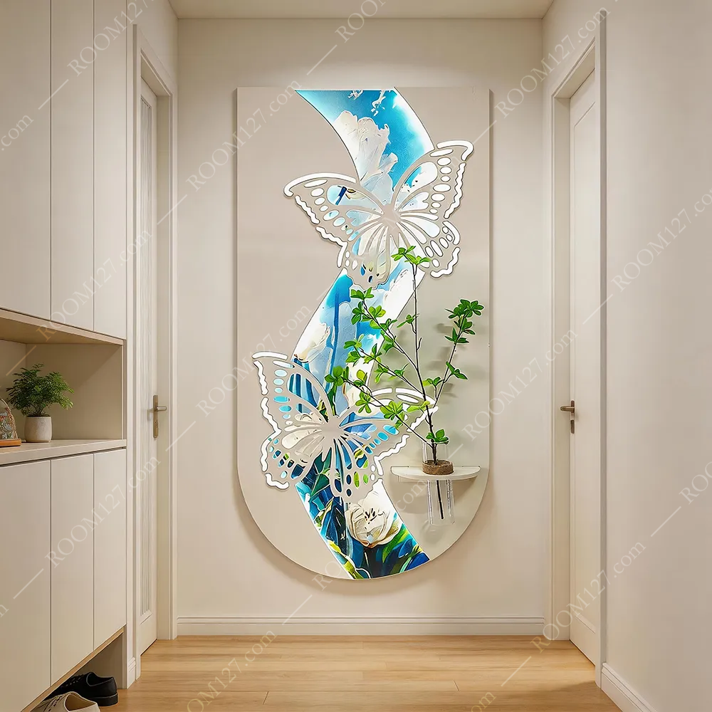 Vertical 3D Art Wall Decor, Light French Style, Blue Background with White Flowers, Hollow Backlit LED, Flower‑Arrangement Function, Real‑Material Craft, for Hotel & Entryway