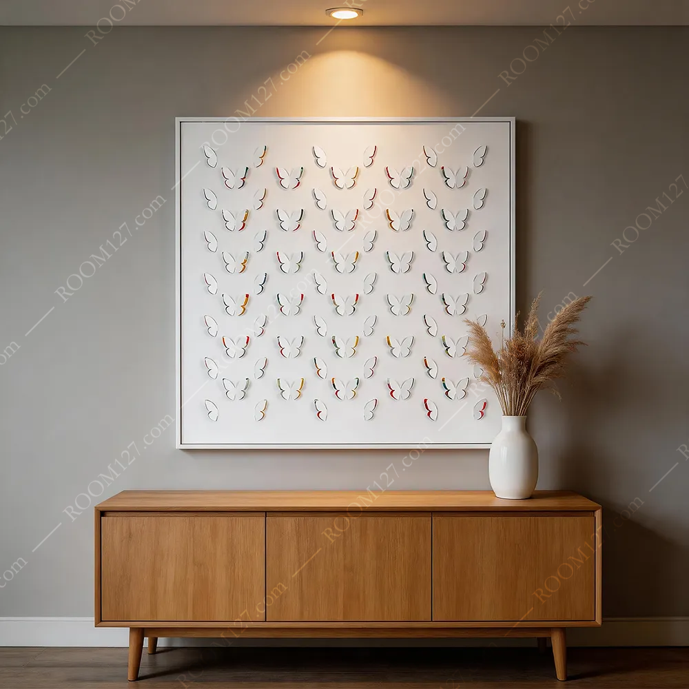 The equidistant array semi-three-dimensional light luxury style white butterfly rainbow fine flashing edge square three-dimensional physical decorative painting is suitable for bedrooms and hotel