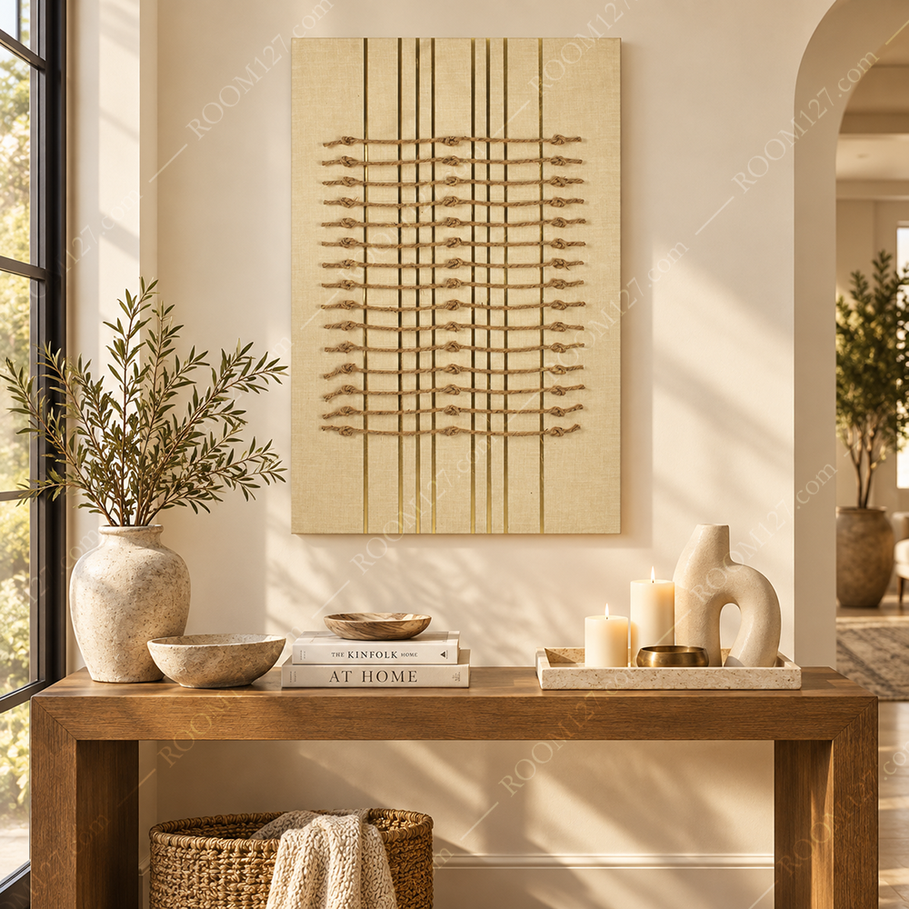 Wabi-sabi style light luxury three-knot hand-woven three-dimensional physical decorative painting with hemp rope is suitable for hotels and entrance halls