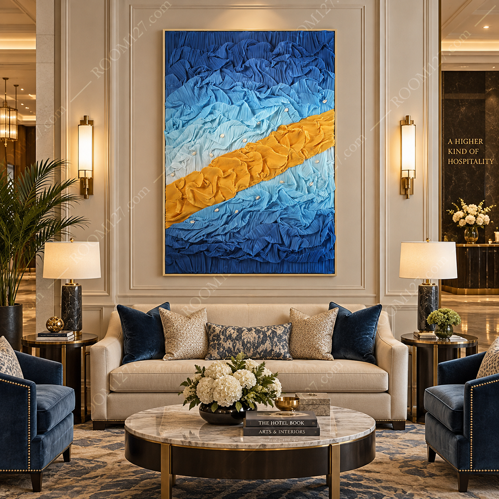 The blue and yellow contrasting fabric pleated mountain, sea, sunset and shell-decorated three-dimensional object decorative painting is suitable for hotels and living rooms