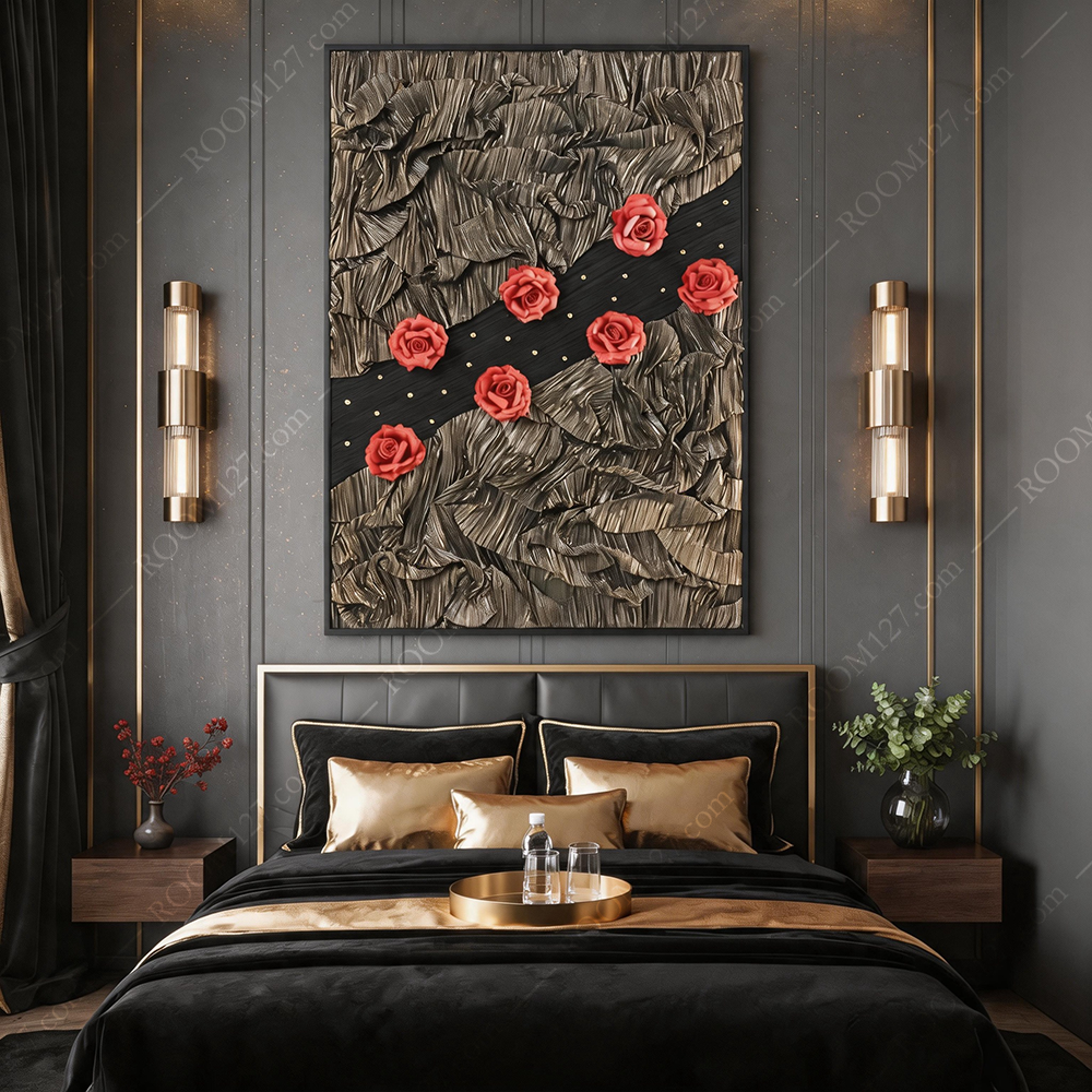 The retro black and gold light luxury style fabric pleated texture three-dimensional physical decorative painting is suitable for hotels and bedrooms