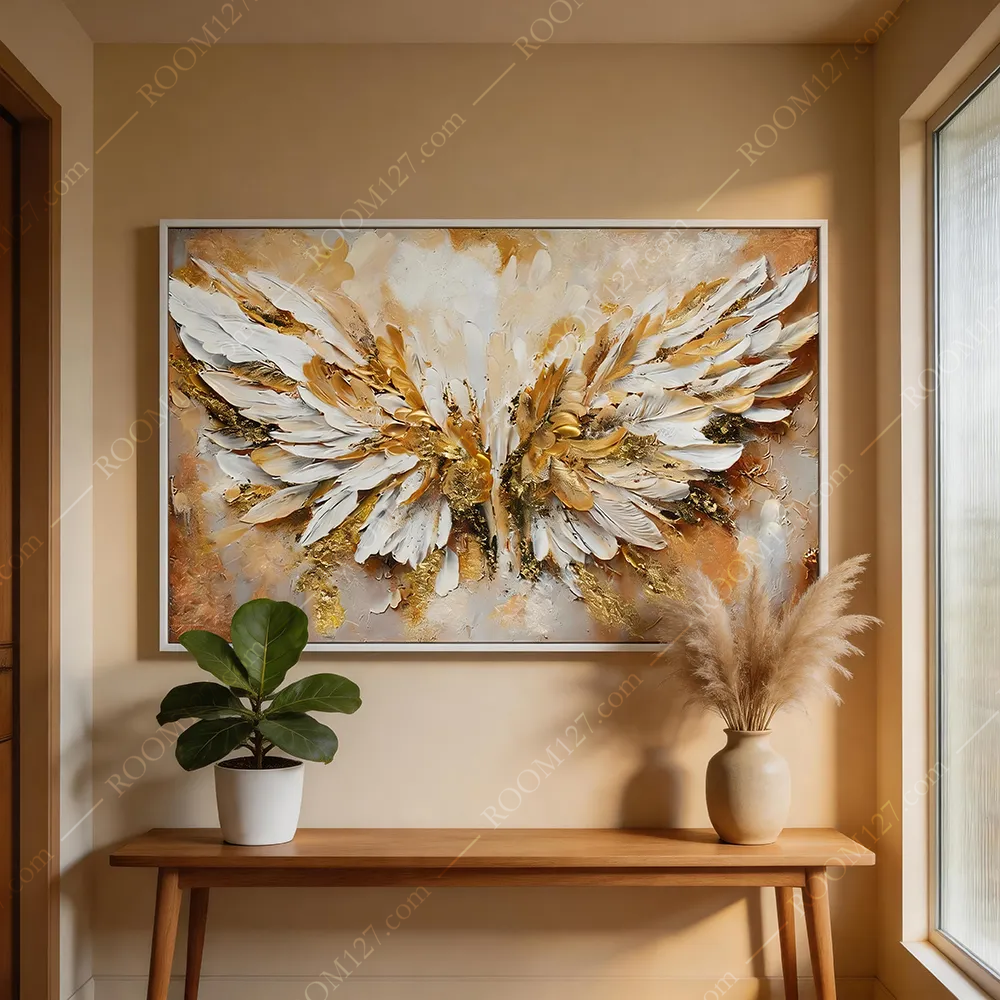 The warm orange and gold thick pile three-dimensional angel wing horizontal engraving craft physical art decorative painting is suitable for the entrance hall and living room