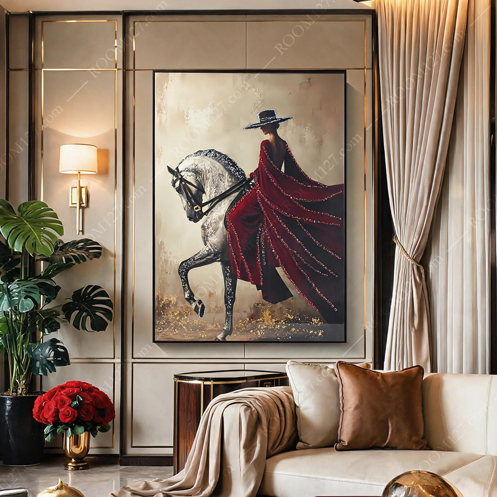 Luxury Wall Art | Lady in Burgundy Backless Dress with Red Rhinestone Flowing Cape, Silver Rhinestone Dappled White Horse Treading Golden Crystals, Decor Painting for Hotel & Living Room