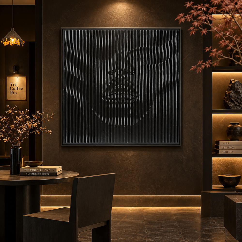 Modern minimalist and light luxury style all-black grating vertical pattern invisible portrait three-dimensional carved decorative painting is suitable for hotels and living rooms