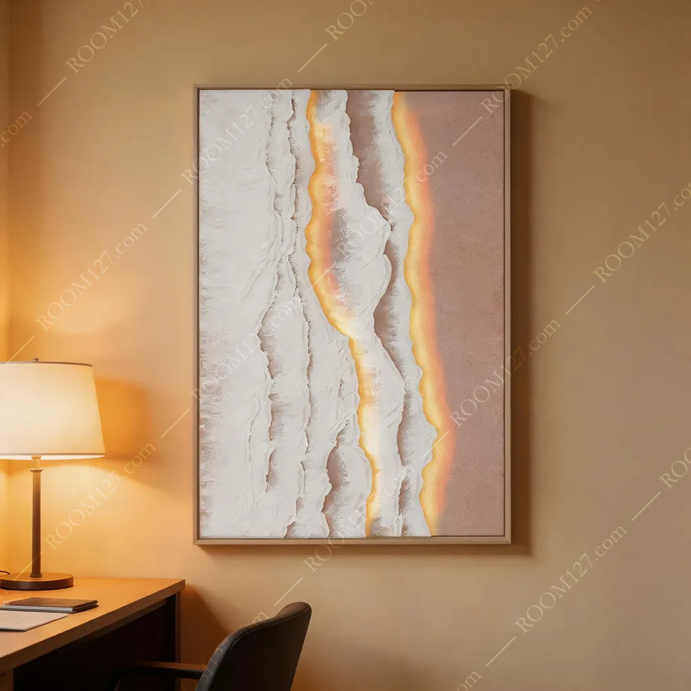 Vertical Semi‑3D Luxury Wall Art, Thick Cream Pleated Texture with Warm‑Pink Gradient, Dual‑LED Light Strips, for Hotel & Living Room