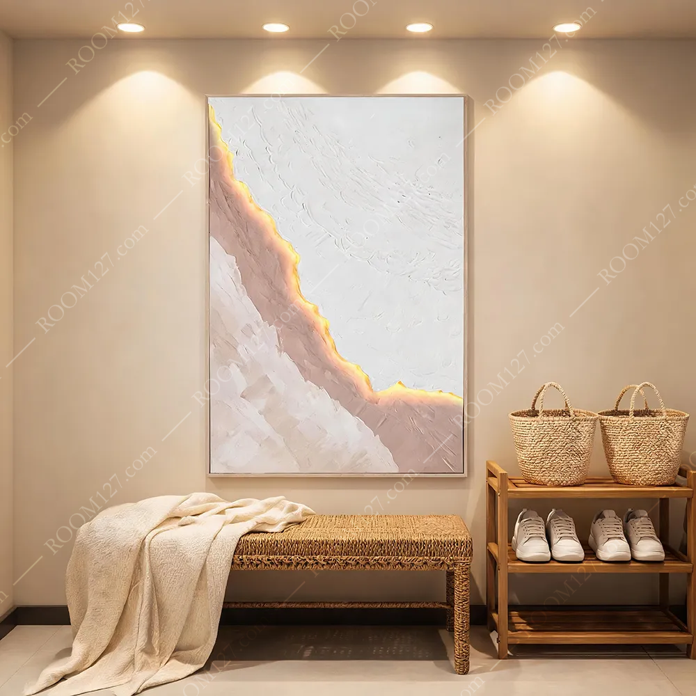 LED color light, thick pile texture, gilded sandstone, physical carving, semi-three-dimensional vertical plate, healing and light luxury decorative painting, suitable for living room and entrance hall
