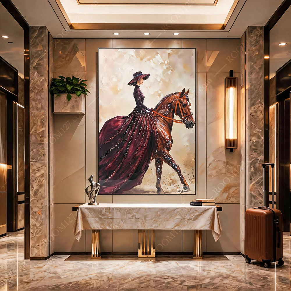 Rhinestone Wall Art, Luxury Lady in Burgundy Velvet Rhinestone Gown on Sparkling Chestnut Horse, Decor for Hotel & Foyer