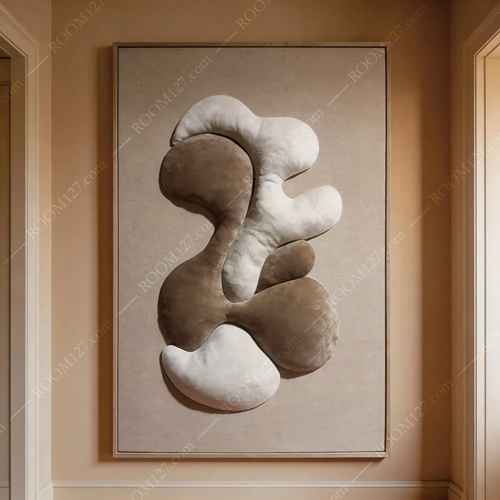 Beige‑Brown Dual‑Color Flock Upholstered Wall Art, Semi‑Relief Irregular Pebble Real‑Material Craft, Wabi‑Sabi Soothing Vertical Decor for Entryway & Bedroom