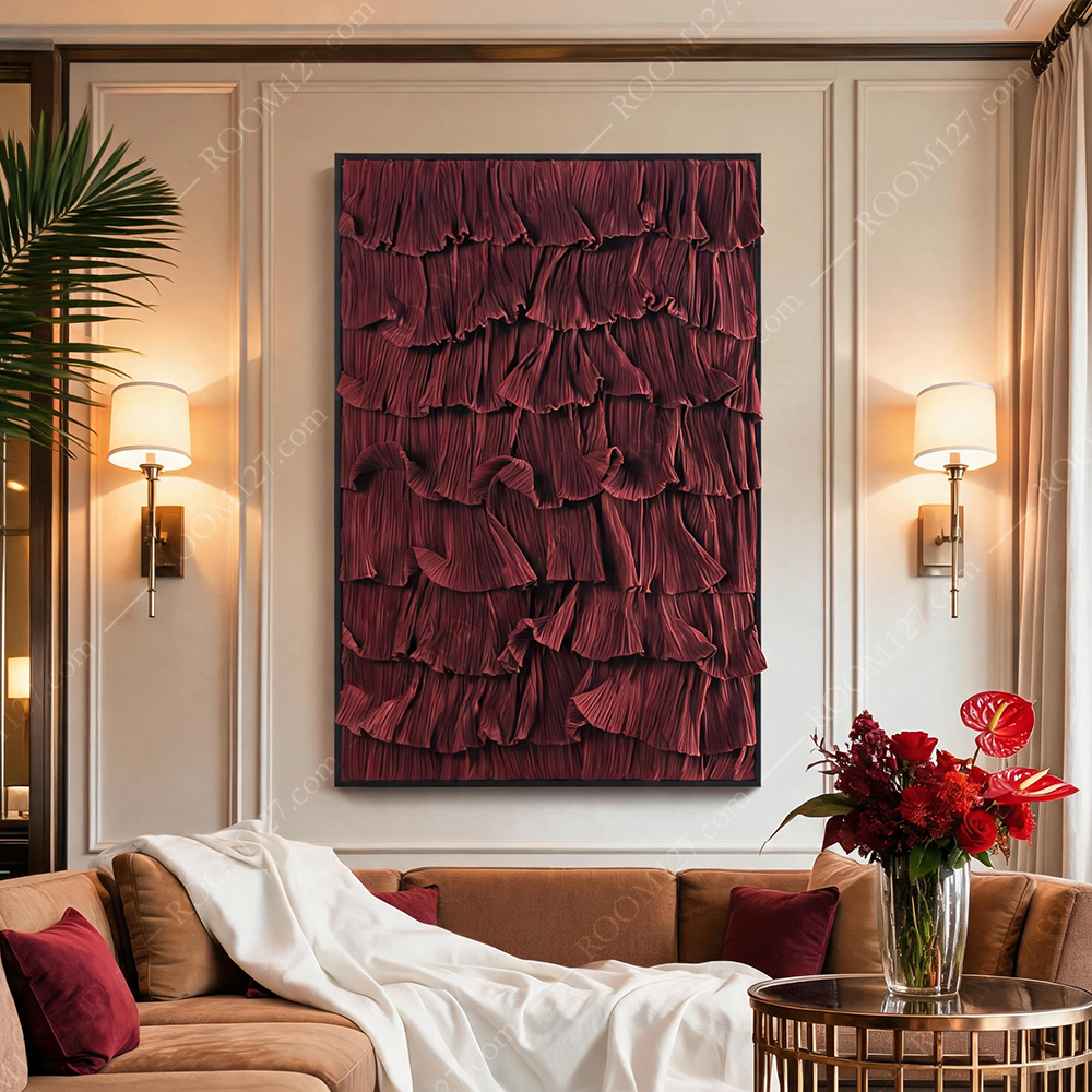 Modern light luxury style retro Encore red wine pleated fabric three-dimensional physical decorative painting is suitable for hotels and study rooms