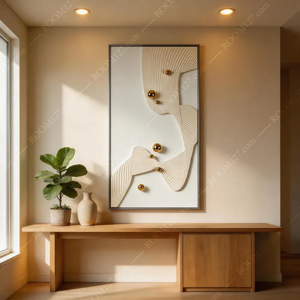 A minimalist and light luxury paper-based decorative painting with a flowing texture, featuring a milky white layered paper carving and a vertical golden ball pattern, is suitable for hotels and foyer