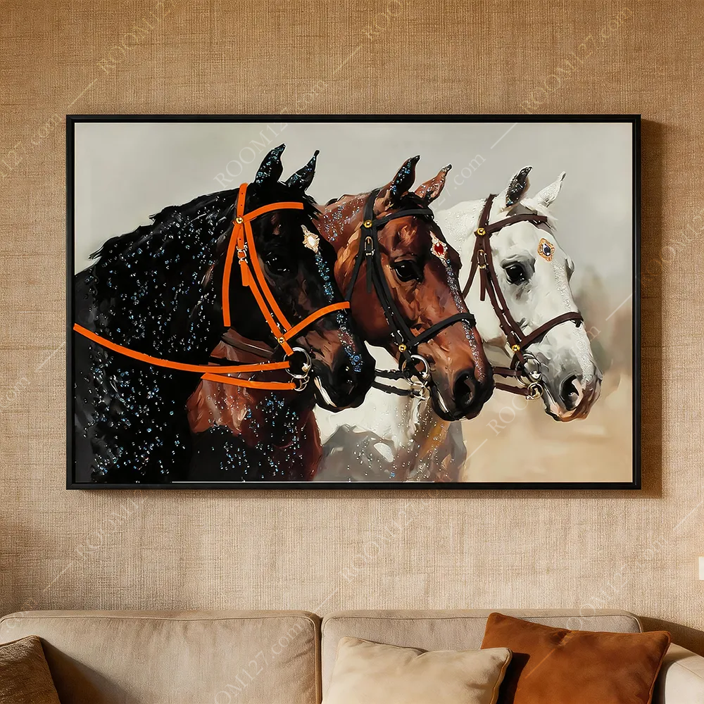 Horizontal luxury 3D art wall decor: leaping horse accented with three‑color crystals, featuring genuine leather reins. Crystal‑leather craft, ideal for hotels and living rooms.