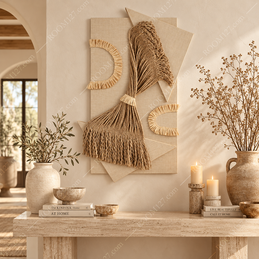 Wabi-sabi style original jute rope twisted with tassels three-dimensional physical decorative paintings are suitable for hotels and living rooms