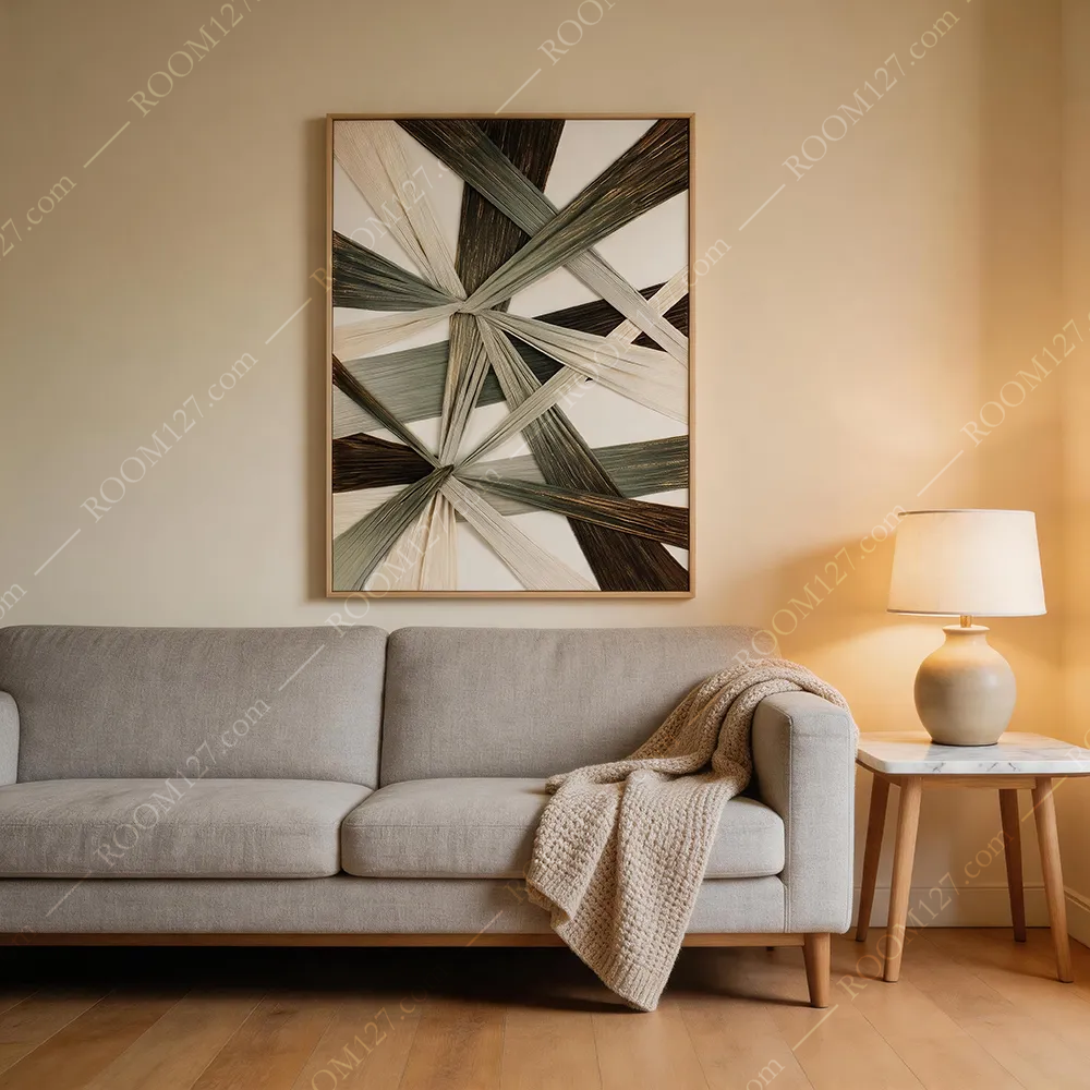 Low-saturation gradient straw woven tape wabi-sabi style crossed vertical three-dimensional real object decorative painting is suitable for the entrance hall and bedroom
