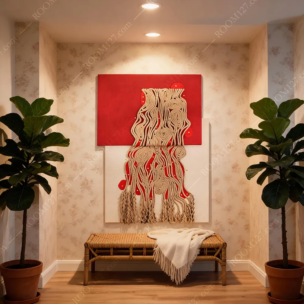 A semi-three-dimensional abstract style decorative painting with double staggered layers of hemp base and yellow hemp rope veins and tassels, suitable for hotels and living rooms