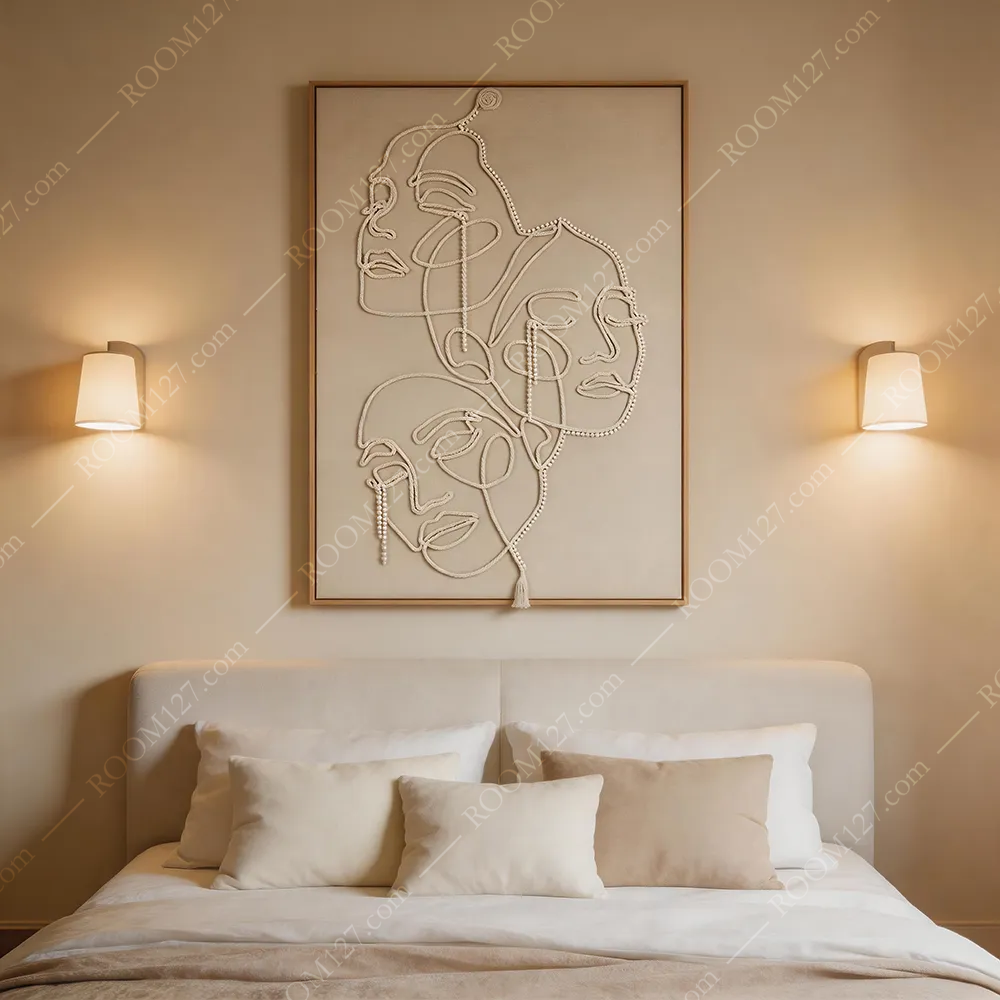 Modern light luxury original white cotton rope pearl string continuous outlining three-person figure three-dimensional real object decorative painting is suitable for hotels and entrance halls