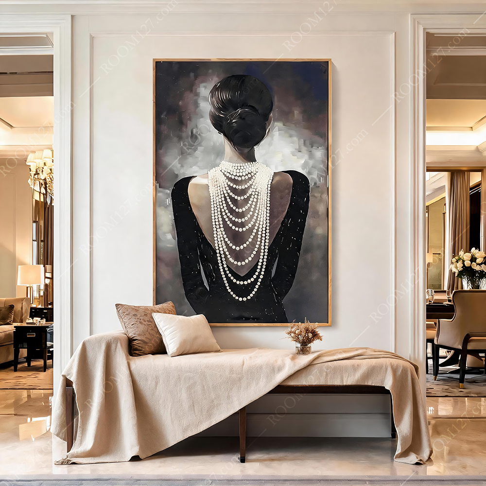 Light luxury style pearl waterfall backless goddess classic Hepburn style black velvet evening dress semi-three-dimensional real object decorative painting, suitable for entrance hall & hotel