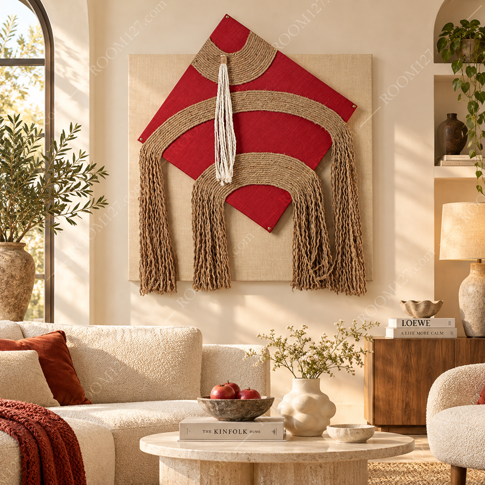 The Ankela red wabi-sabi style hemp rope tassel three-dimensional physical decorative painting is suitable for hotels and living rooms