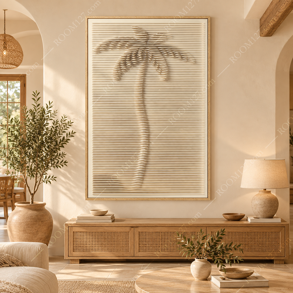 Wabi-sabi natural style, full beige, equal-spaced horizontal grilles with palm trees, wave-rising sandstone carvings, three-dimensional decorative paintings, suitable for hotels and living rooms