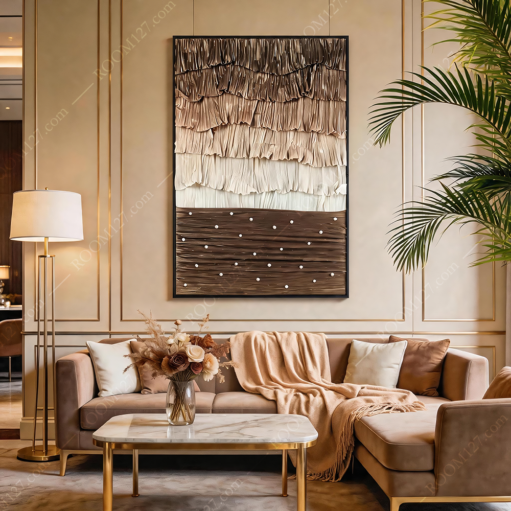 Wabi-sabi natural style earth brown rice gold gradient accordion pleated terraced fields star dots pearl three-dimensional physical fabric decorative painting is suitable for hotels & living rooms