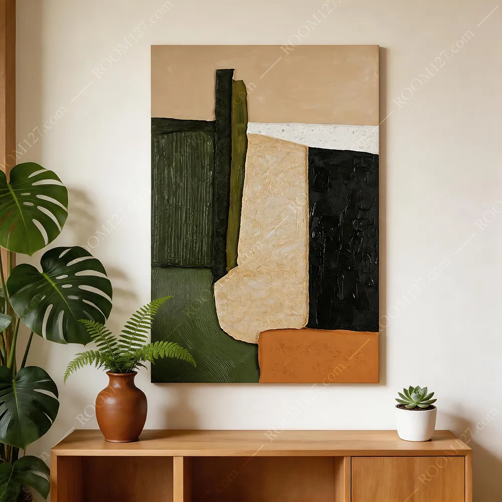 Earth-toned dark green block thick texture wabi-sabi abstract art carved vertical plate physical decorative painting, suitable for living room and entrance hall