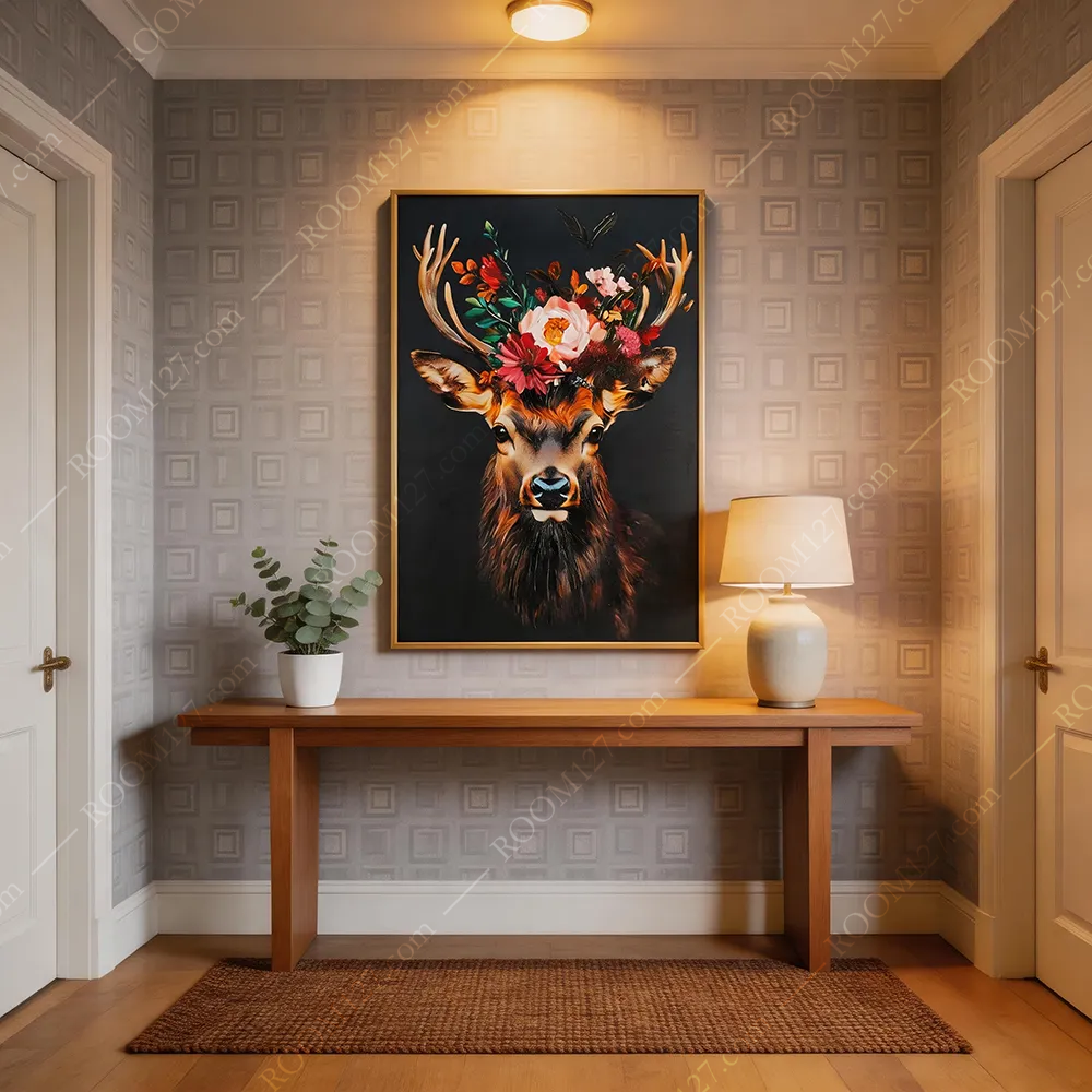 This semi-three-dimensional thick-textured hand-painted deer art decorative painting with a light luxury style of spring flowers climbing corners is suitable for hotels and study rooms