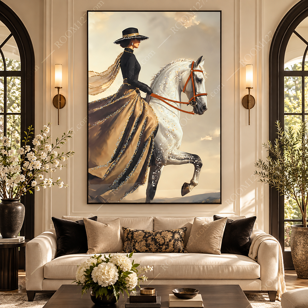 Luxury Wall Art | Lady in Black Velvet High-Neck Gold-Brown Rhinestone Skirt, Sparkling White Horse, Crystal Decor Painting for Hotel & Entryway