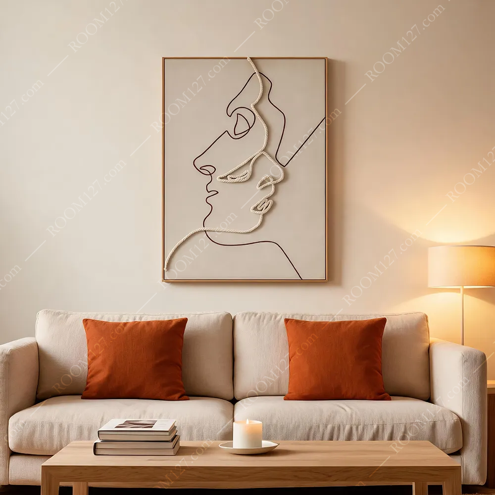 The minimalist abstract style figure line drawing decorative painting made of hand-painted hemp rope weaving is suitable for bedrooms and foyers