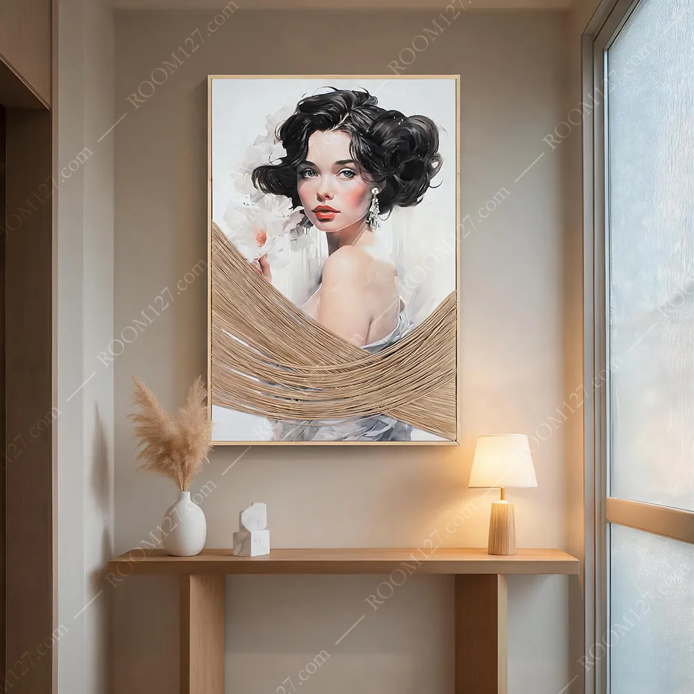 Vertical 3D Wabi‑Sabi Wall Art, Vintage‑Elegant Portrait with White Peonies, Wrapped in Natural Yellow Hemp Rope, Real‑Material Craft, for Hotel & Living Room