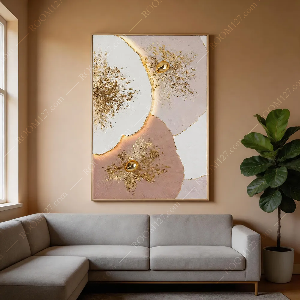 Vertical Semi‑3D Luxury Wall Art, Carved Real Craftwork with Layered Radiant Crushed‑Gold & Two Solid Gold Spheres, LED Light, for Entryway & Living Room