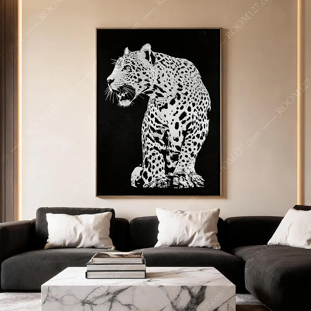 Dark background pearlescent embroidery black and white panther vertical art decorative painting with a light luxury style is suitable for hotels and bedrooms