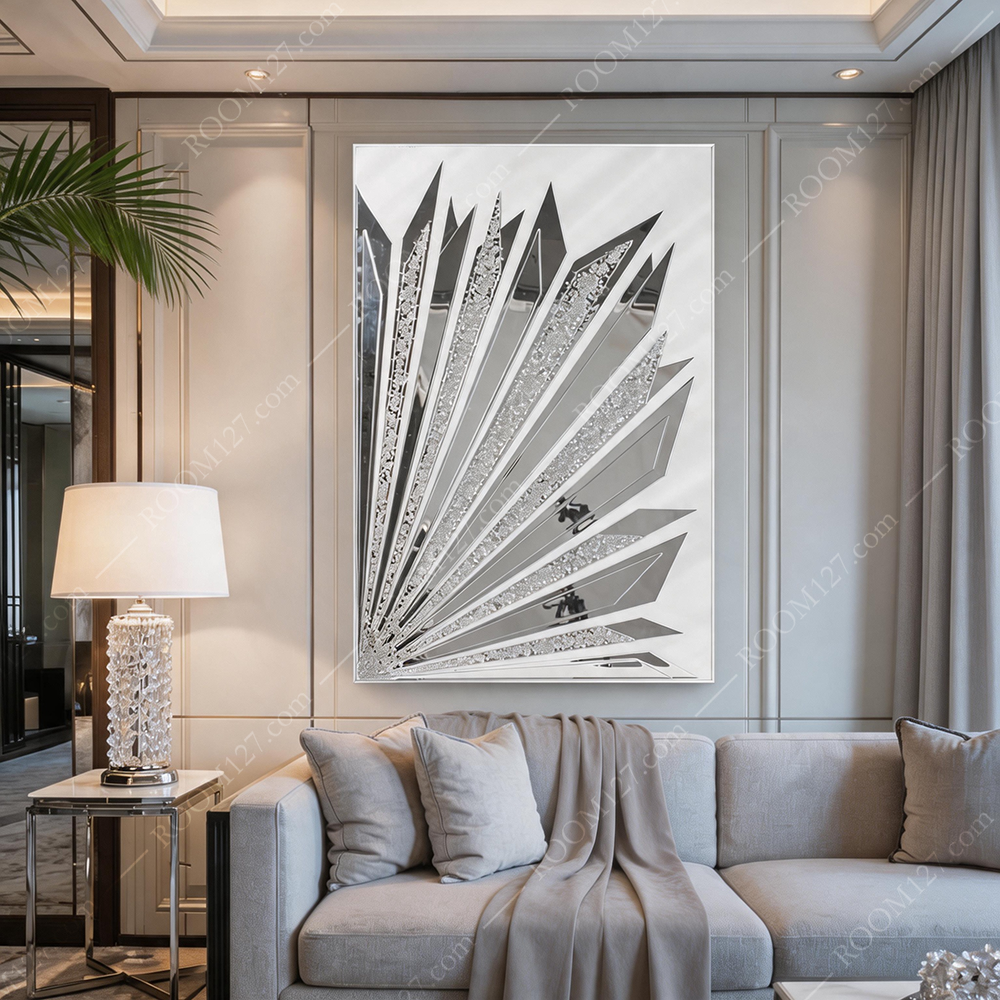 Modern light luxury style glossy mirror silver folding fan three-dimensional crystal diamond physical decorative painting is suitable for hotels and entrance halls