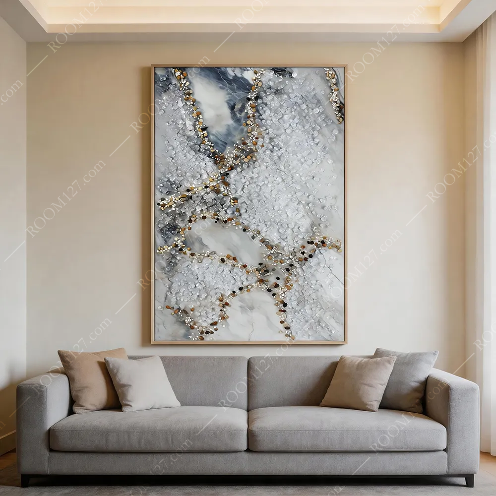 Ice‑Blue Marble Semi‑Relief Wall Art, Real‑Stone & Gilded Crushed‑Crystal Craft, Vertical Light‑Luxury Decor for Hotel & Bedroom