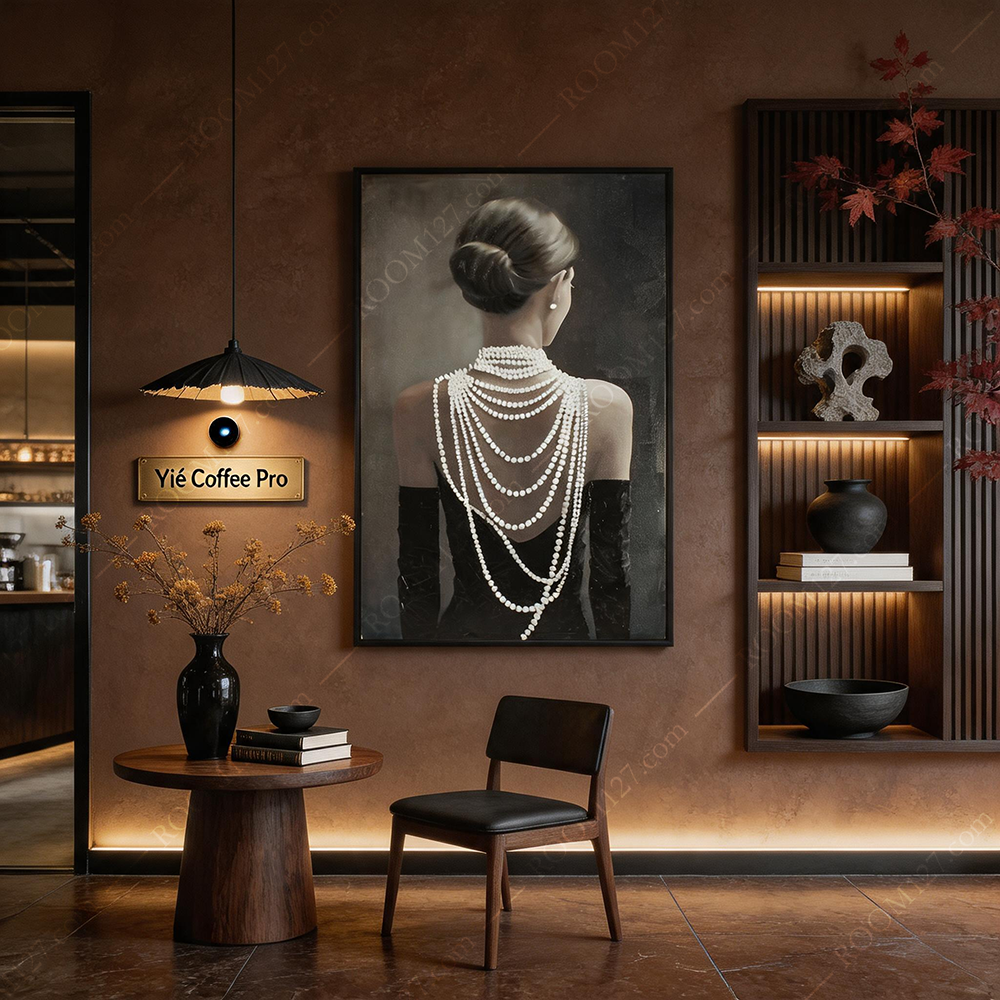 A semi-three-dimensional hand-painted real picture of a lady's back view in a retro light luxury style pearl layered black velvet dress is suitable for hotels and lobbies
