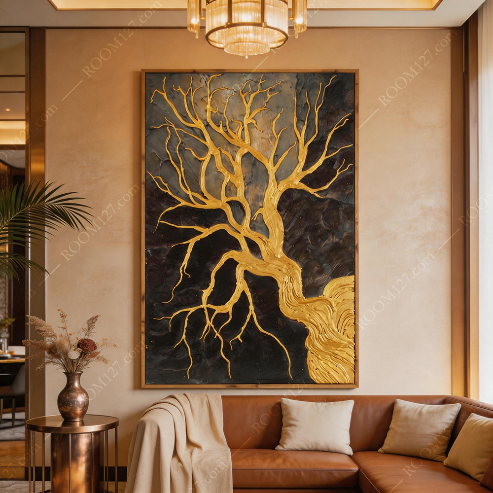 Modern light luxury style black gold thick-coated gilding money tree semi-three-dimensional real object decorative painting is suitable for hotels and bedrooms