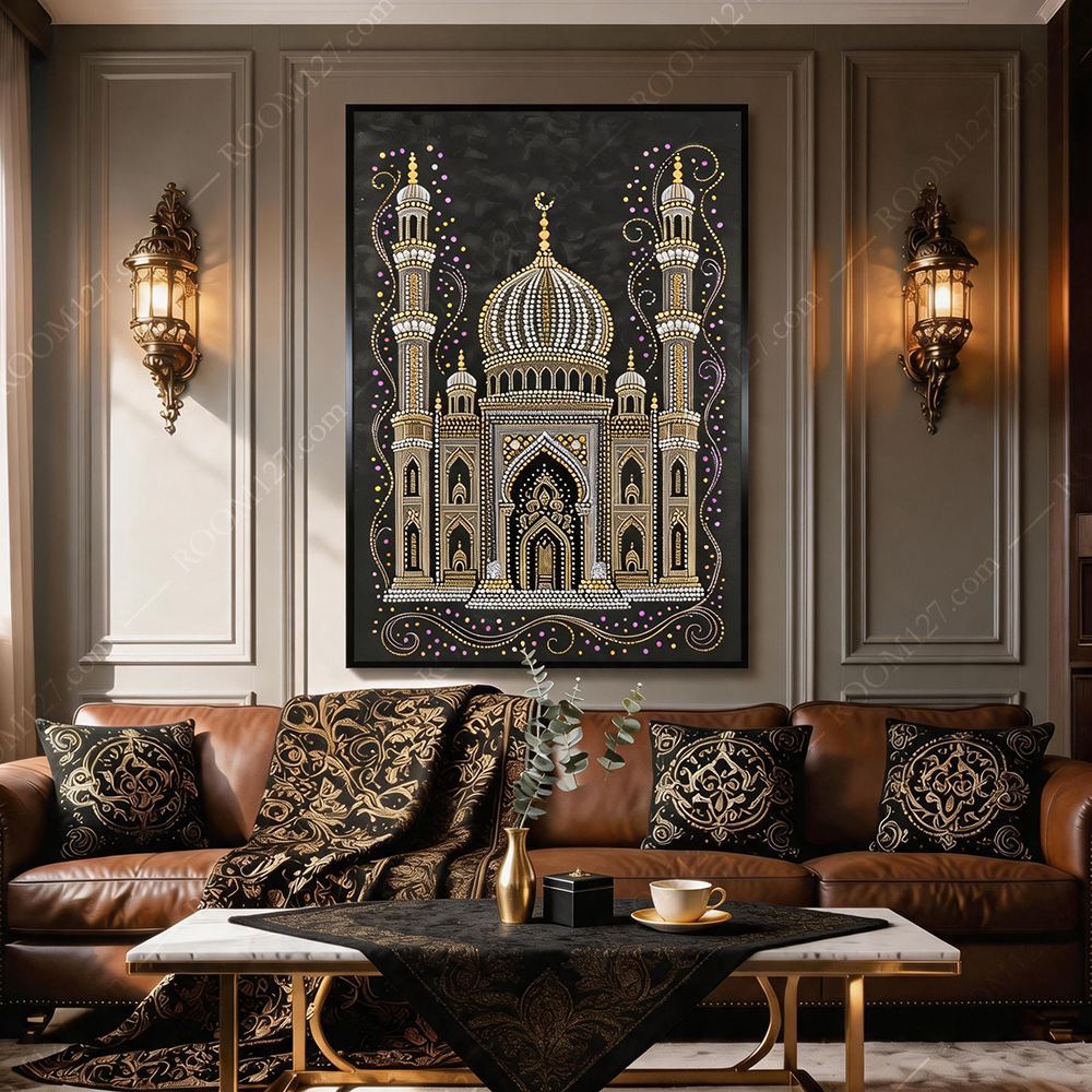 Modern black and gold light luxury decorative painting with pearl dome and mosque embroidery craftsmanship is suitable for hotels and living rooms