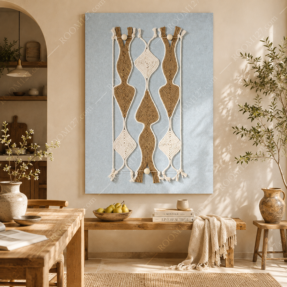 Hand-woven 3D wall art in wabi-sabi style, made of natural jute and white cotton ropes. Suitable for entryways and hotels.