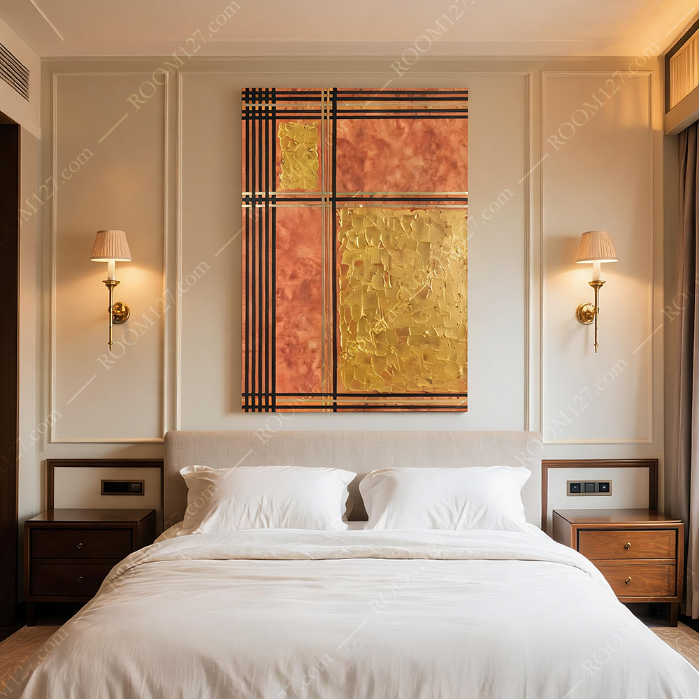 This abstract three-dimensional object decorative painting with a warm orange texture base, double gold lines, and interlaced broken gold blocks is suitable for hotels and study rooms