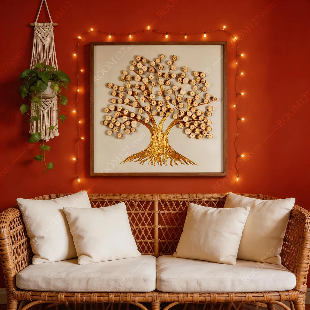 Solid wood roll-leaf gilded money tree square semi-three-dimensional light luxury carved art decorative painting, suitable for hotels and living rooms
