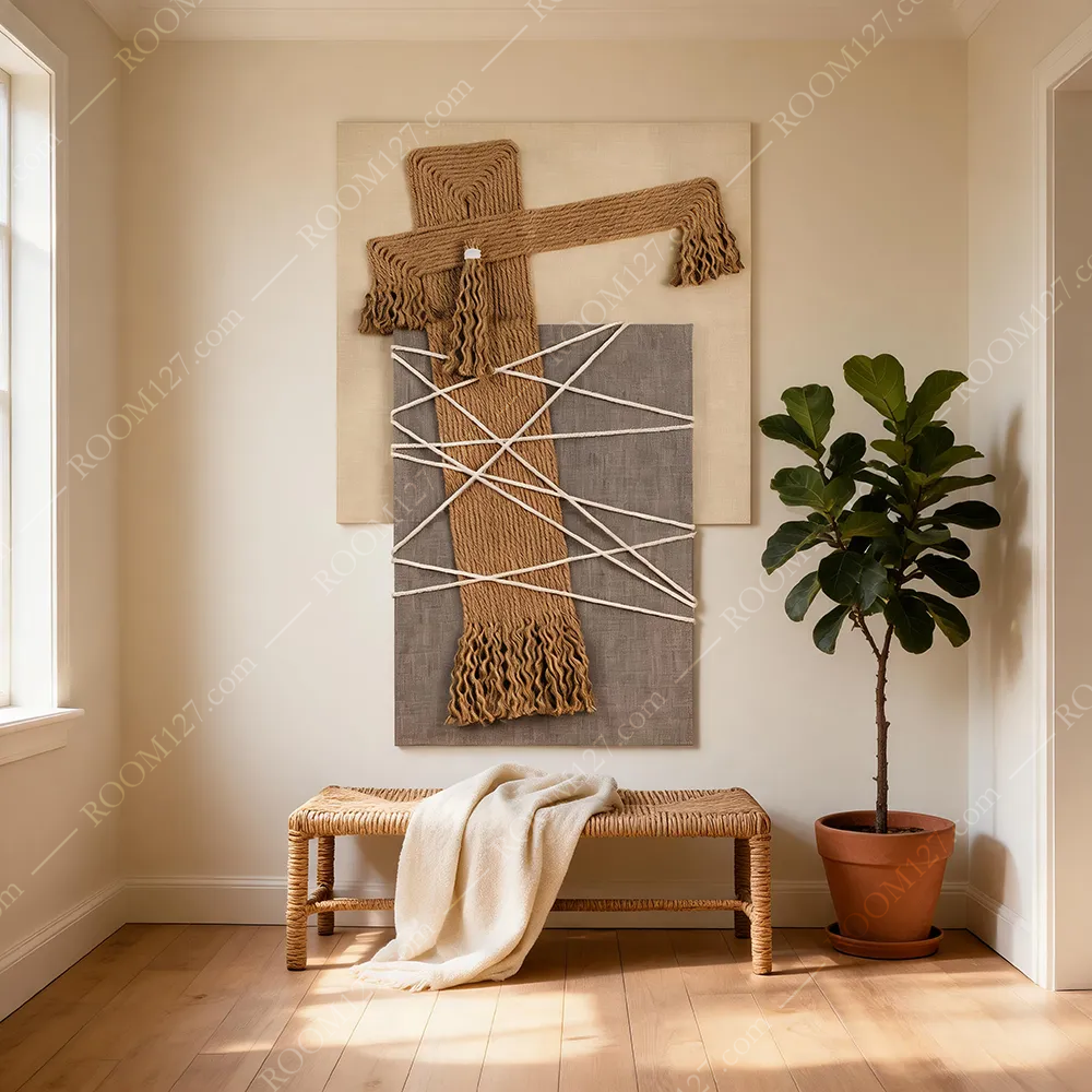 Three-layer interlaced linen and hemp ropes, multi-material layering and collision, wabi-sabi style art three-dimensional decorative painting is suitable for hotels and living rooms