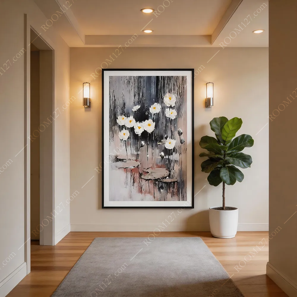 The cold grey flowing lotus abstract style hand-painted craft art decorative painting is suitable for study rooms and entrance halls