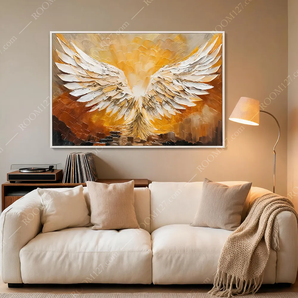 Warm orange and gold gradient full-width thick pile three-dimensional angel wing horizontal light luxury carving process physical art decorative painting, suitable for hotels & study rooms